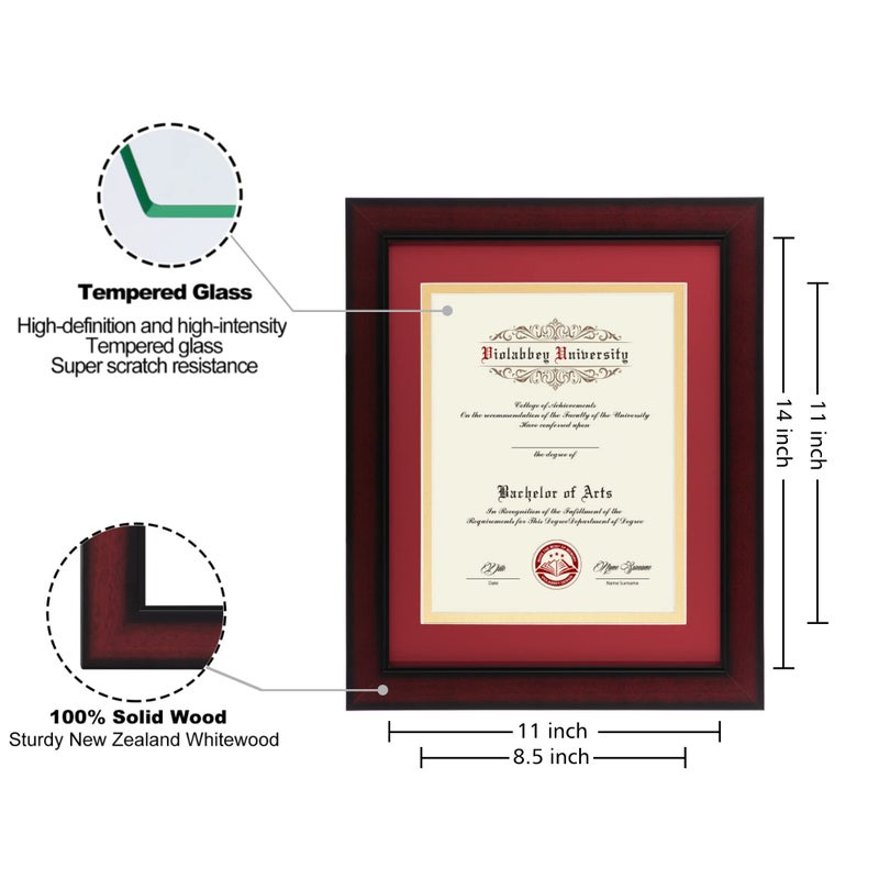 VIOLABBEY 11x14 Diploma Frame with Double Mat for 8.5x11 Documents&Certificates, Smooth Cherry Wood Grain Finish, Wall Mounting&Tabletop Display, Tempered Glass, Red Mat with Gold Rim - Image 4